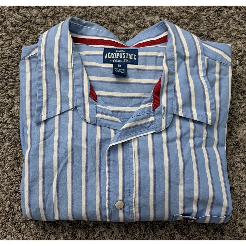 Aeropostale Classic Fit Dress Shirt XL Mens Blue White Striped Bulldog Logo